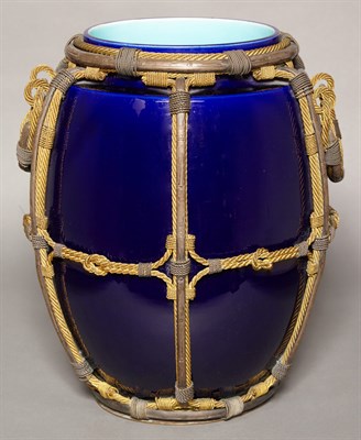 Lot 176 - Metal Mounted Two-Handled Majolica Vase Height...