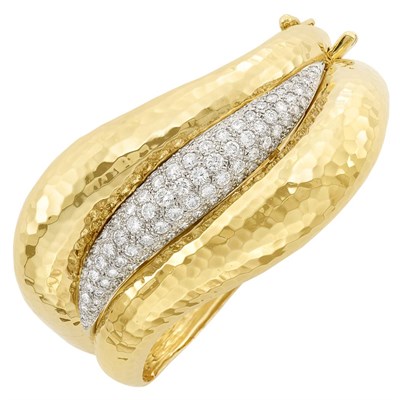 Lot 126 - Two-Color Hammered Gold and Diamond Bangle Bracelet