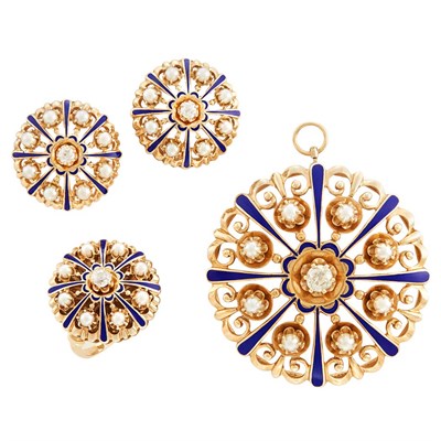 Lot 114 - Suite of Gold, Enamel, Cultured Pearl and Diamond Jewelry