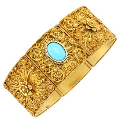 Lot 98 - Antique Cannetille Gold and Turquoise Bangle Bracelet