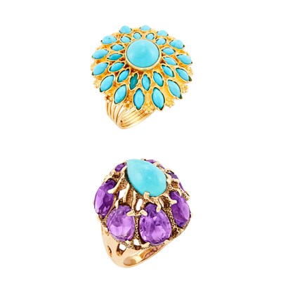 Lot 91 - Two Gold, Amethyst and Turquoise Rings