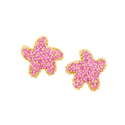 Lot 555 - Pair of Gold and Pink Sapphire Starfish Earclips