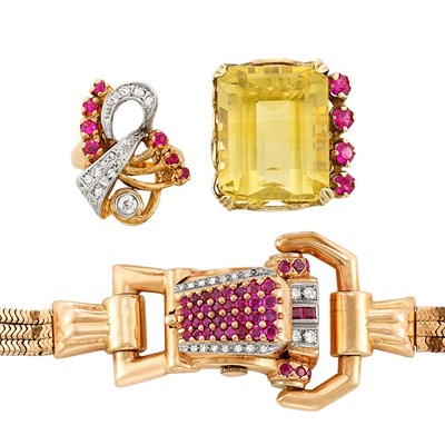 Lot 349 - Two Retro Tricolor Gold, Diamond, Ruby, Synthetic Ruby and Citrine Rings and Bracelet-Watch