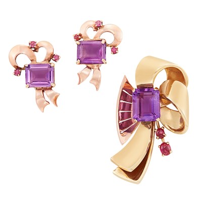 Lot 357 - Retro Two-Color Gold, Amethyst and Ruby Brooch and Pair of Earclips