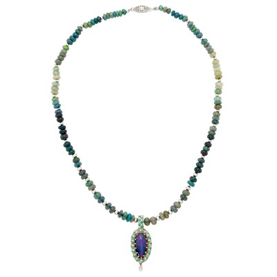 Lot 302 - White Gold, Opal Bead, Tourmaline and Diamond Pendant-Necklace