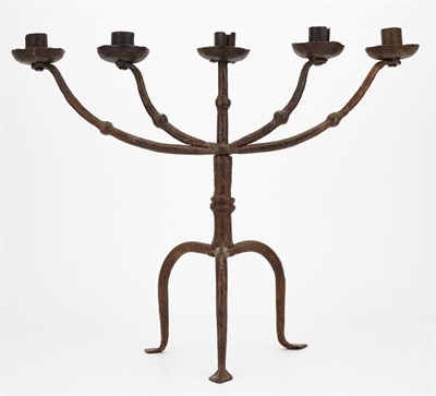 Lot 704 - Pair of Wrought Iron Five-Light Candelabra...