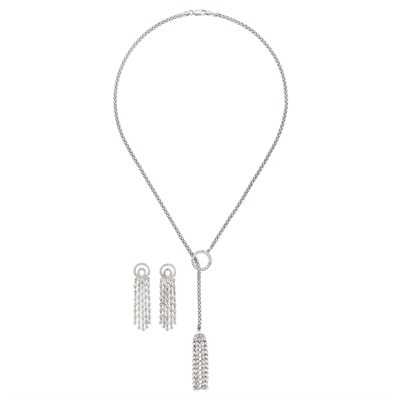 Lot 196 - White Gold and Diamond Tassle Necklace and Pair of Pendant-Earrings