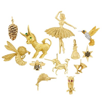 Lot 101 - Twelve Gold and Gem-Set Pins, Pendants and Charms