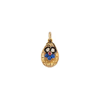 Lot 524 - Antique Russian Gold, Sapphire, Diamond, Ruby and Enamel Easter Egg Pendant
