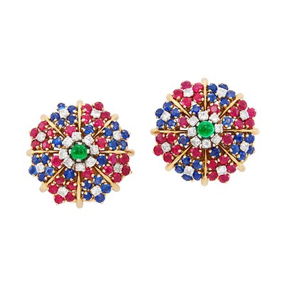 Lot 175 - Pair of Gold, Diamond, Cabochon Emerald and Gem-Set Earclips