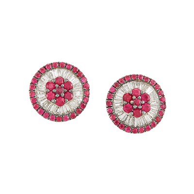 Lot 214 - Pair of White Gold, Ruby and Diamond Earrings