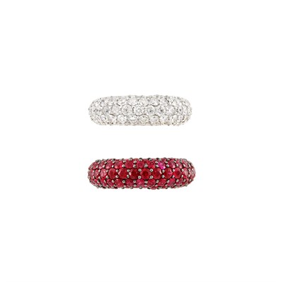Lot 80 - Pair of White Gold, Blackened Gold, Ruby and Diamond Bombe Rings, Piranesi