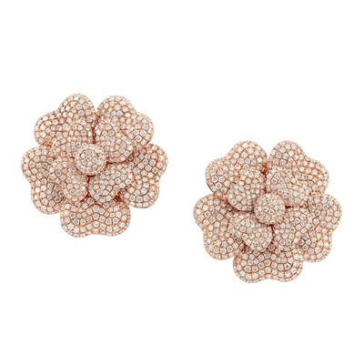 Lot 251 - Pair of Rose Gold and Diamond Flower Earrings