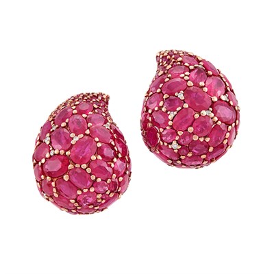 Lot 271 - Pair of Rose Gold, Ruby and Diamond Bombe Earclips, Piranesi