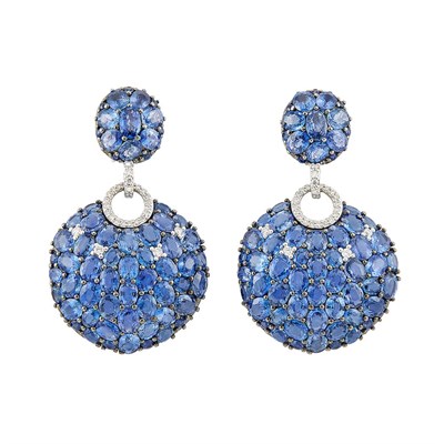 Lot 66 - Pair of White and Blackened Gold, Sapphire and Diamond Pendant-Earclips, Piranesi