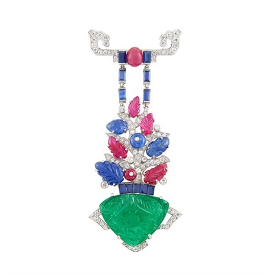 Lot 375 - Platinum, Carved Gem-Set and Diamond 'Tutti Frutti' Style Brooch