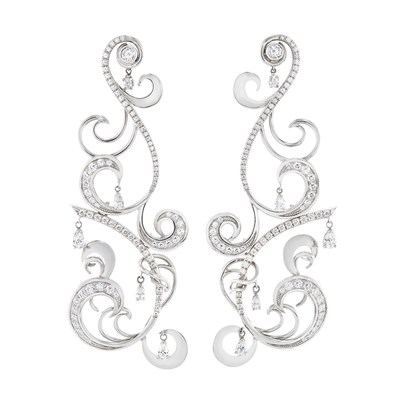 Lot 222 - Pair of White Gold and Diamond Pendant-Earrings