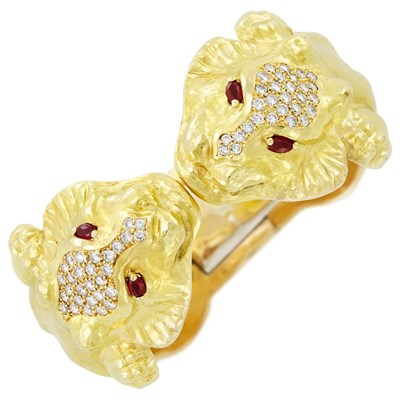 Lot 330 - Hammered Gold, Ruby and Diamond Lion Head Cuff Bangle Bracelet