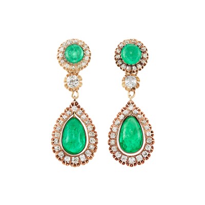 Lot 296 - Pair of Gold, Emerald and Diamond Pendant-Earrings