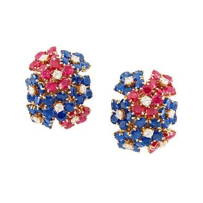 Lot 161 - Pair of Gold, Ruby, Sapphire and Diamond 'Hawaii' Earrings, Van Cleef & Arpels