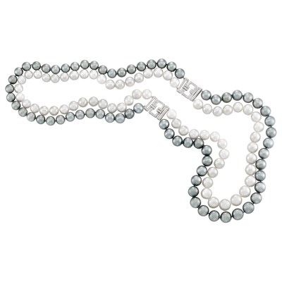 Lot 138 - Long Double Strand South Sea and Tahitian Gray Cultured Pearl, White Gold and Diamond Necklace