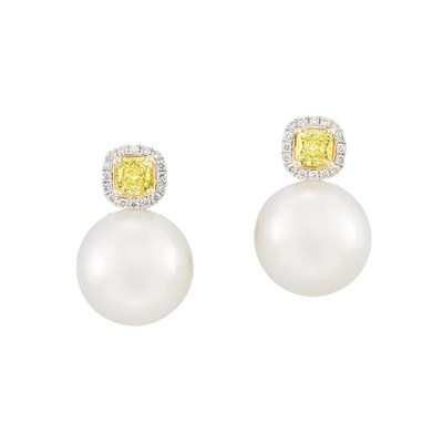 Lot 148 - Pair of Two-Color Gold, Yellow Diamond, Diamond and South Sea Cultured Pearl Earrings
