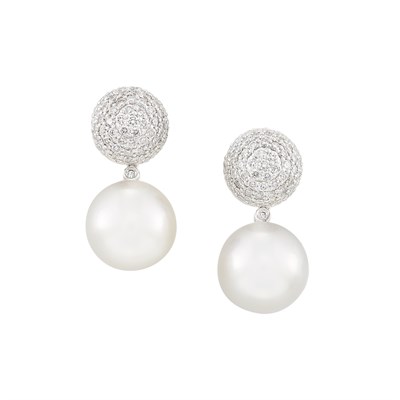 Lot 61 - Pair of White Gold, Diamond and South Sea Cultured Pearl Pendant-Earrings