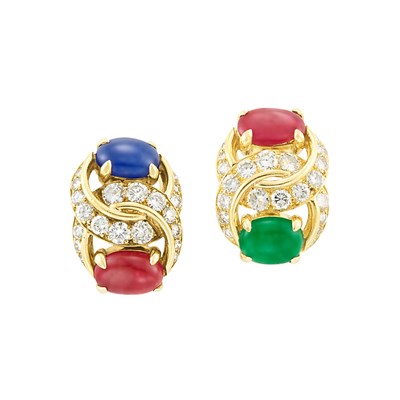 Lot 273 - Pair of Gold, Cabochon Gem-Set and Diamond Earclips, Bulgari