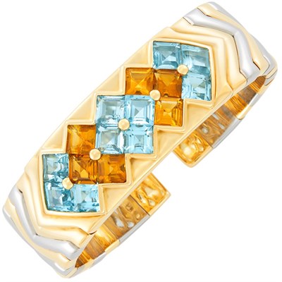Lot 41 - Gold, Stainless Steel, Blue Topaz and Citrine Bangle Bracelet, Bulgari