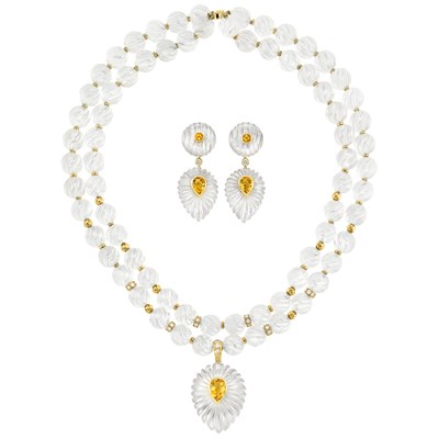 Lot 203 - Double Strand Fluted Rock Crystal, Gold, Citrine and Diamond Necklace and Pair of Earclips, Andre Vassort, France