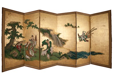 Lot 18 - Japanese Six-Panel Screen Depicting scenes of...