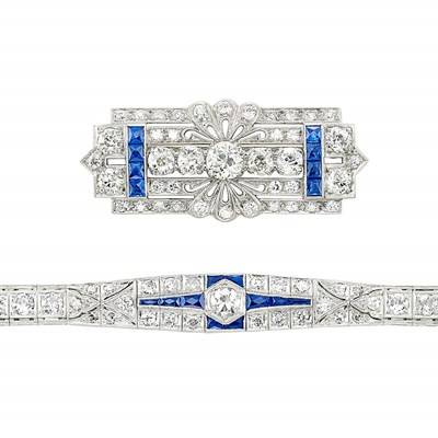 Lot 90 - Platinum, Diamond and Sapphire Bracelet and Brooch