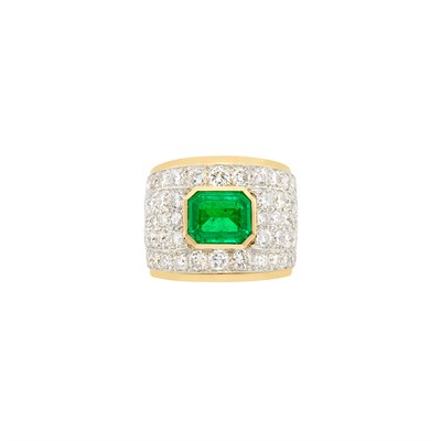 Lot 313 - Wide Gold, Platinum, Emerald and Diamond Ring, David Webb