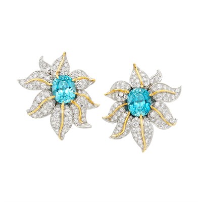 Lot 149 - Pair of Platinum, Gold, Blue Zircon and Diamond Flower Earclips