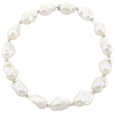 Lot 52 - Baroque Cultured Pearl, White Gold and Diamond Necklace