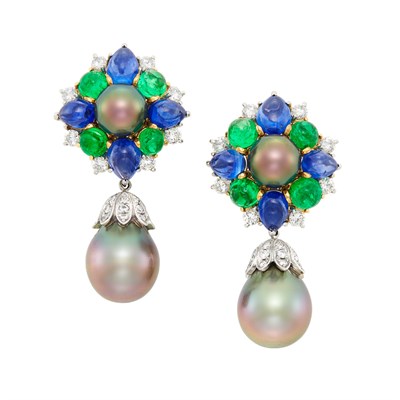 Lot 136 - Pair of Platinum, Gold, Tahitian Gray and Black Cultured Pearl, Cabochon Emerald and Sapphire and Diamond Pendant-Earclips