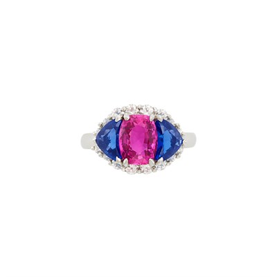 Lot 74 - Platinum, Pink Sapphire, Sapphire and Diamond Ring