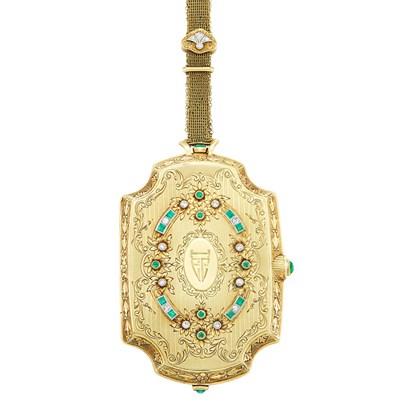 Lot 182 - Antique Gold, Platinum, Emerald and Diamond Compact with Mesh Carrying Chain, Tiffany & Co.