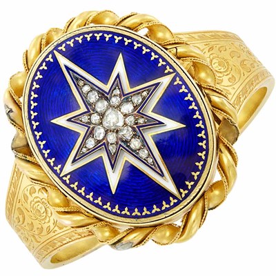 Lot 176 - Antique Gold, Silver, Enamel and Diamond Bangle Bracelet
