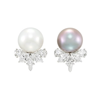 Lot 139 - Pair of White Gold, South Sea and Tahitian Gray Cultured Pearl and Diamond Earclips