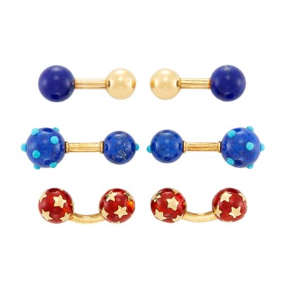 Lot 114 - Three Pairs of Gold, Lapis and Enamel Cufflinks, Tiffany & Co., Schlumberger and Tiffany & Co.