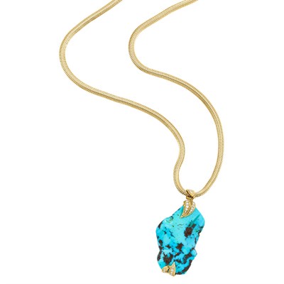 Lot 320 - Long Gold Snake Chain Necklace with Matrix Turquoise, Gold and Diamond Pendant, France