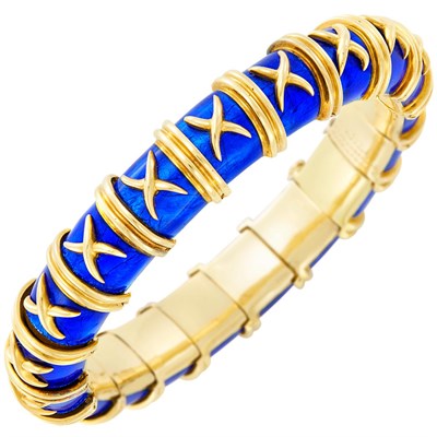 Lot 267 - Gold and Blue Paillonne Enamel 'Croisillon' Bangle Bracelet, Tiffany & Co., Schlumberger, France