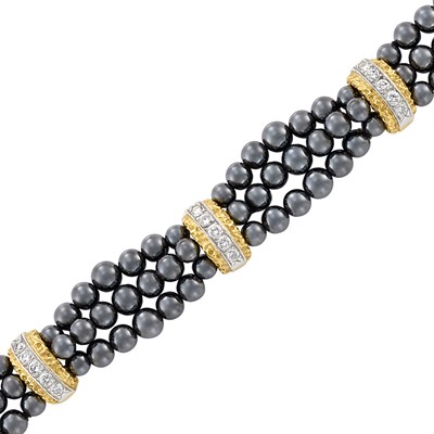 Lot 9 - Triple Strand Hematite Bead, Gold, Platinum and Diamond Bracelet, Van Cleef & Arpels, France