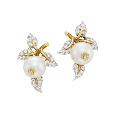 Lot 12 - Pair of Platinum, Gold, Cultured Pearl and Diamond Earclips, Schlumberger, France