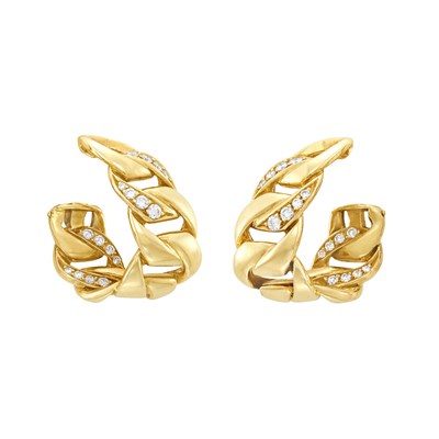 Lot 17 - Pair of Gold and Diamond Curb Link Hoop Earclips, Cartier, France
