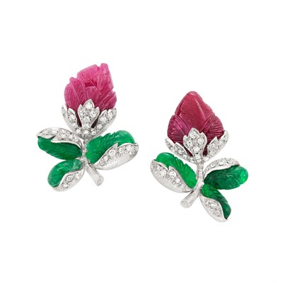 Lot 378 - Pair of Platinum, Carved Ruby and Emerald and Diamond Earclips