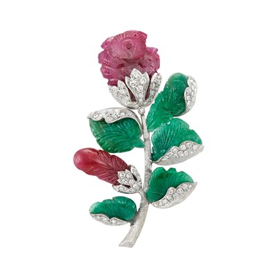 Lot 379 - Platinum, Carved Ruby and Emerald and Diamond Flower Brooch