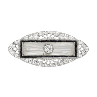 Lot 238 - Platinum, Diamond, Frosted Carved Rock Crystal and Black Onyx Pin, Marcus