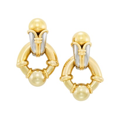 Lot 42 - Pair of Two-Color Gold and Stainless Steel Pendant-Earclips, Bulgari